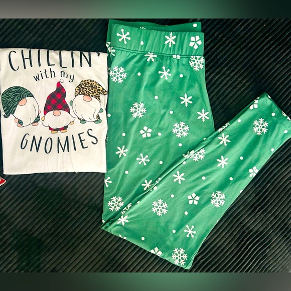 Chillin with my Gnomies Set 3/4 Sleeve Tee Matching Green Snowflake Leggings XXL - Picture 5 of 7